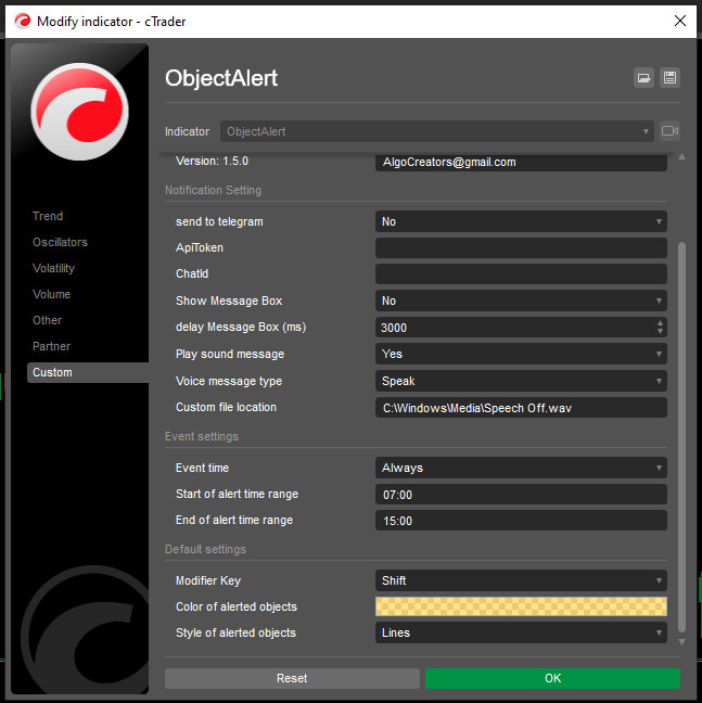 AlgoCreators | cTrader Object Alert Indicator | Set Alerts to Chart Objects